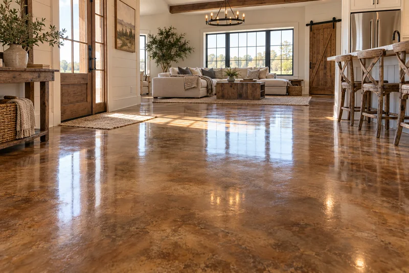 Clear epoxy coating over stained concrete in a living room