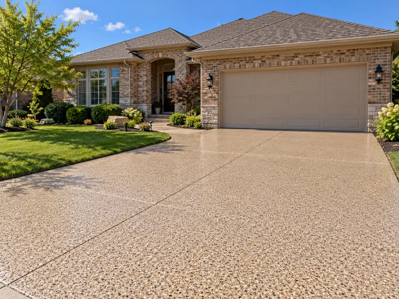Flake-coated concrete driveway on a brick ranch home