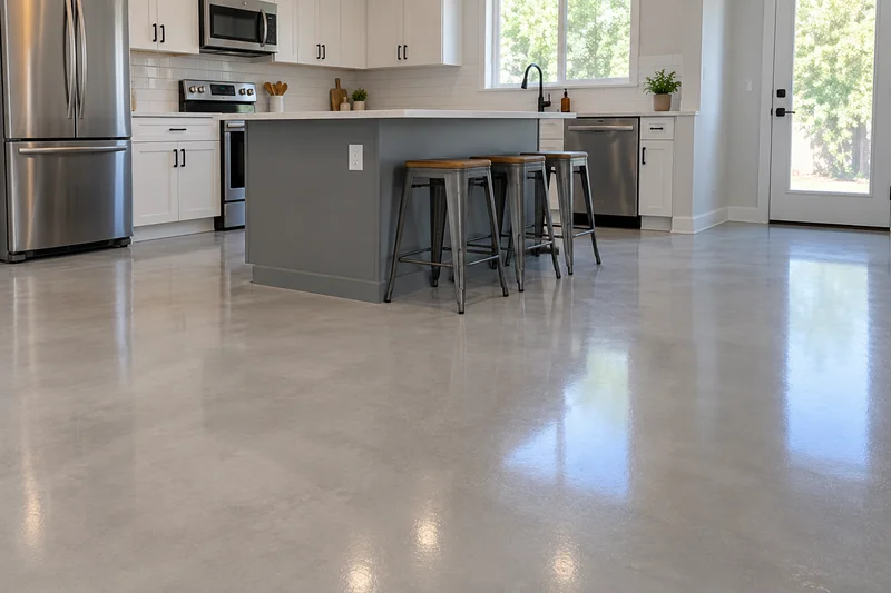 Seamless light gray epoxy floor in a modern kitchen