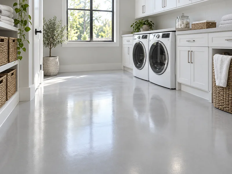 Seamless light gray epoxy floor in a laundry room