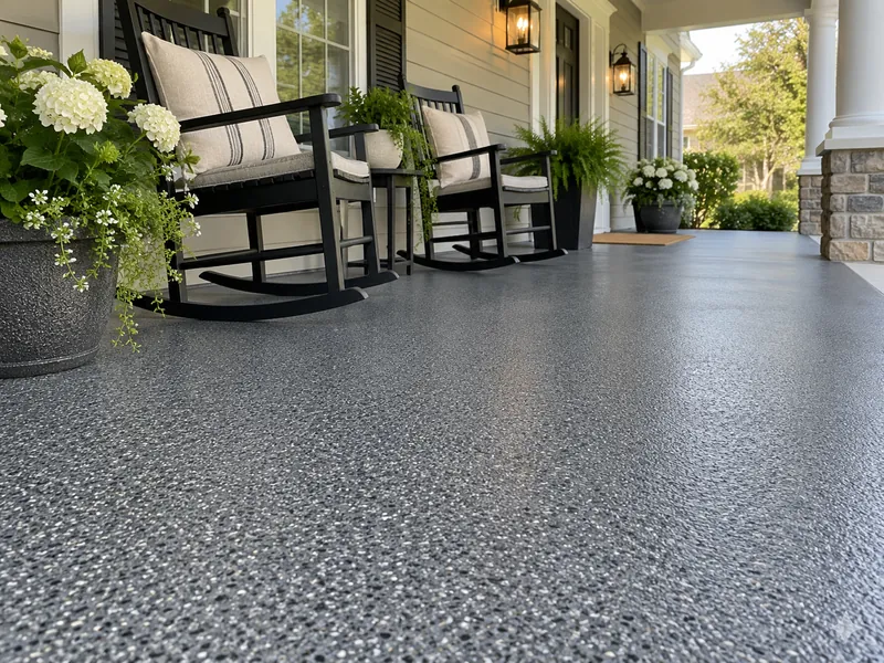 Slate gray epoxy coating on a covered front porch