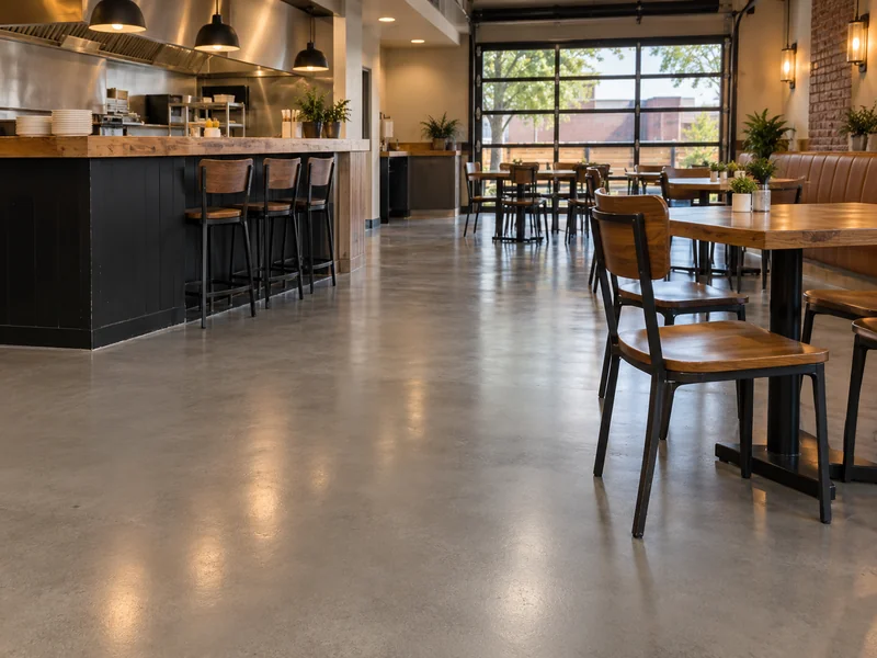 Seamless gray epoxy floor in a restaurant dining room