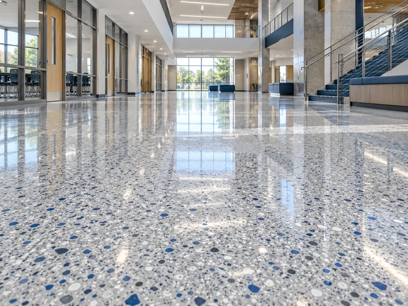Polished epoxy terrazzo floor in a school hallway