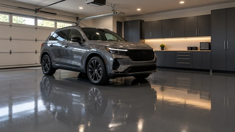 Glossy gray epoxy garage floor with an SUV parked on it