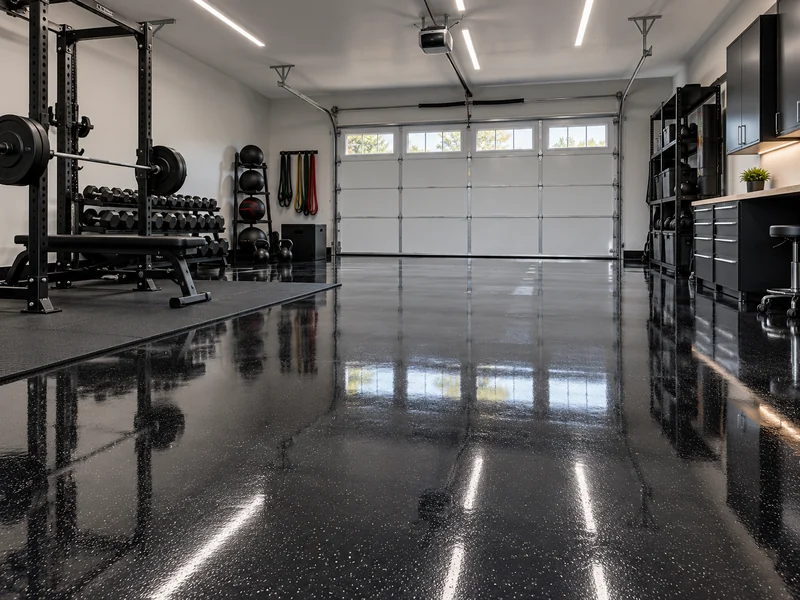 Dark flake epoxy garage floor in a home gym