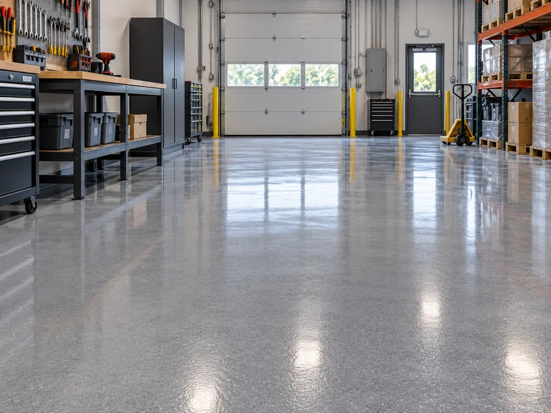 Gray industrial epoxy floor in a workshop with a workbench and pallet jack