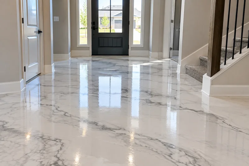 White marble-look epoxy floor in a home entryway