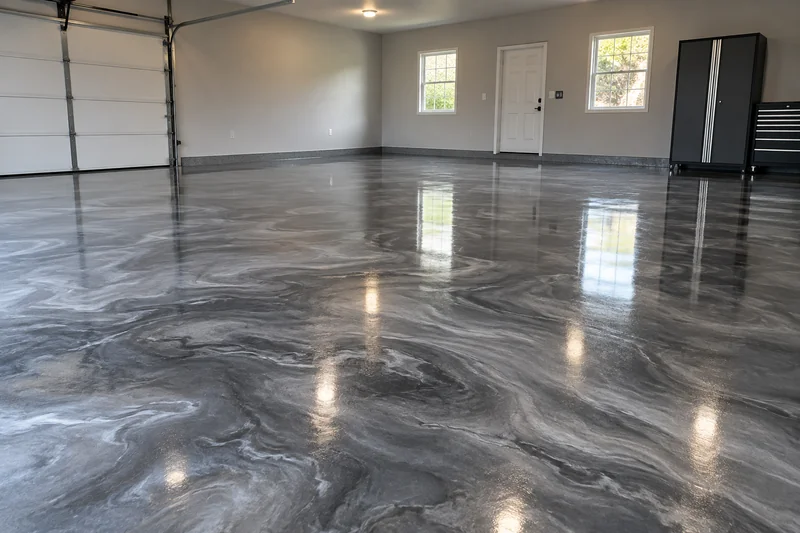 Gray metallic epoxy floor with a swirled finish