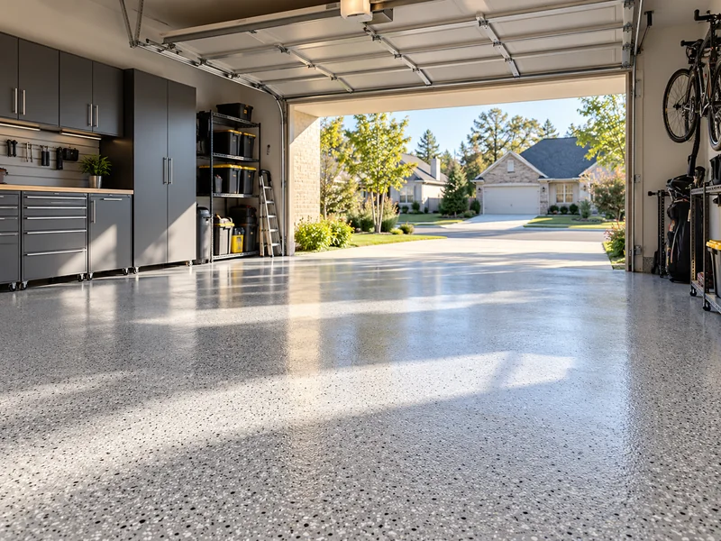 Gray flake polyaspartic garage floor in direct sunlight
