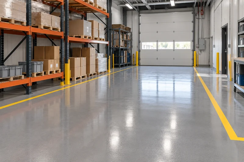 Warehouse epoxy floor with yellow safety striping